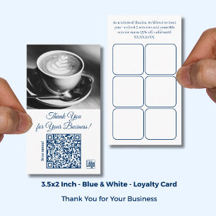 Carte De Fidélité Café Blanc Bleu Logo & QR - Merci