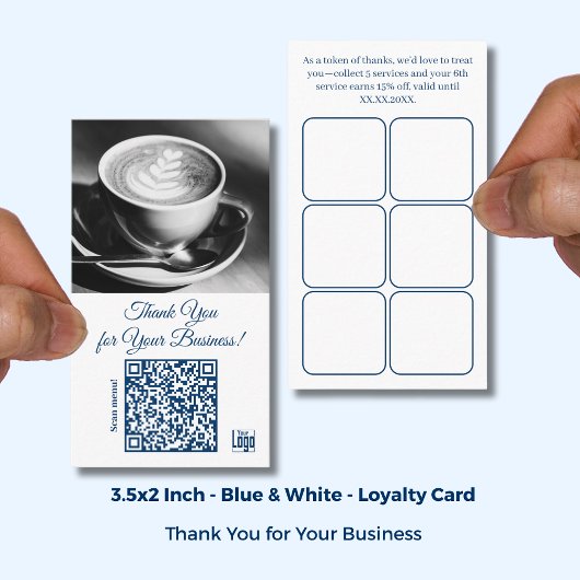 Carte De Fidélité Café Blanc Bleu Logo & QR - Merci