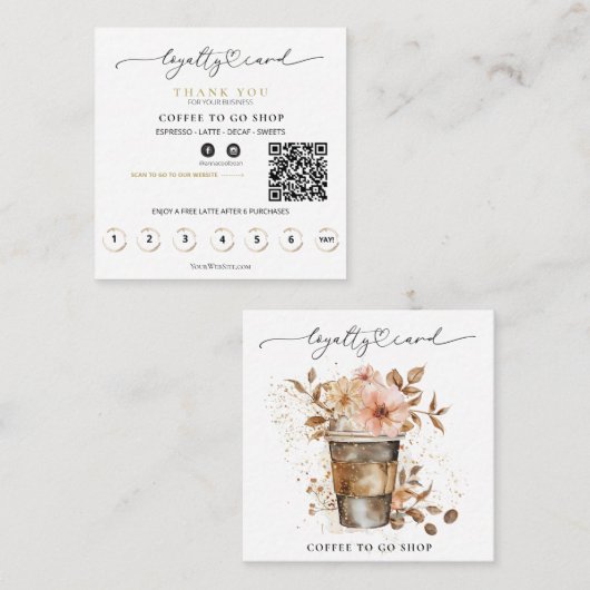 Carte De Fidélité *~* Café pour aller Fleurs Coeurs récompenses QR (Devant / Derrière)
