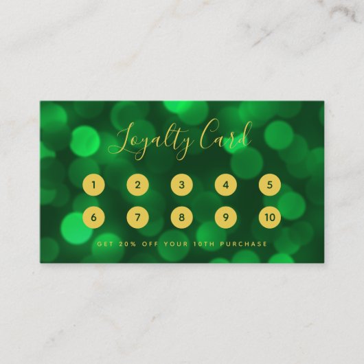 Carte De Fidélité Calligraphie moderne Emerald Green Bokeh Lumières (Devant)