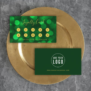 Carte De Fidélité Calligraphie moderne Emerald Green Bokeh Lumières