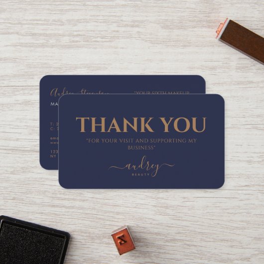 Carte De Fidélité Chic Elegant Navy Blue Gold Script (Devant/Arrière en situation)