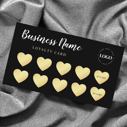 Carte De Fidélité Chic Gold Heart Simple Black Custom Business Logo