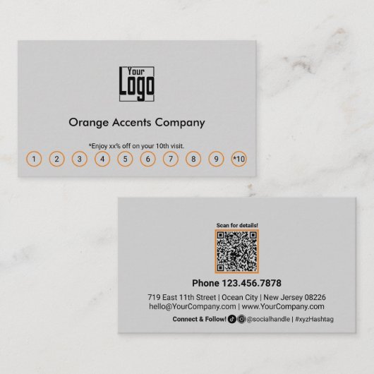 Carte De Fidélité Chic Orange Accents Logo Médias sociaux QR Code (Devant / Derrière)