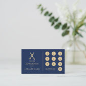 Carte De Fidélité Ciseaux de barbier Luxe Bleu Or Logo Code QR (Debout devant)