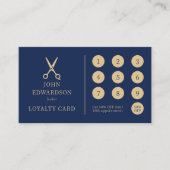 Carte De Fidélité Ciseaux de barbier Luxe Bleu Or Logo Code QR (Devant)