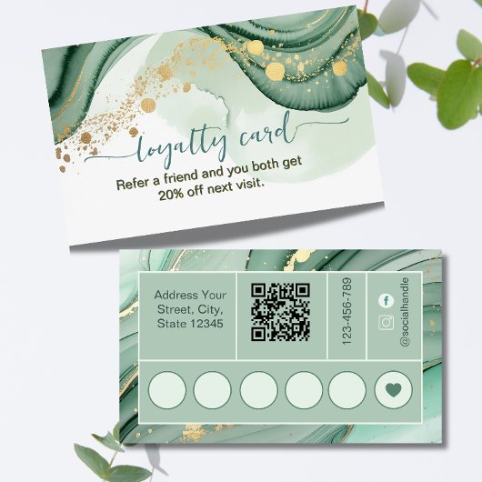 Carte De Fidélité Code QR aquarelle vert sauge or