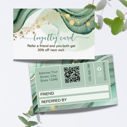 Carte De Fidélité Code QR aquarelle vert sauge or