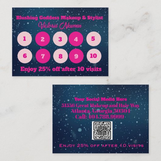 Carte De Fidélité Code QR d'affaires bleu et rose élégant (Devant / Derrière)