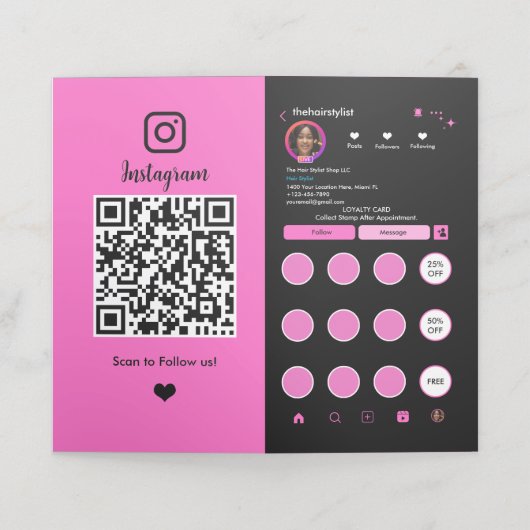 Carte De Fidélité Code QR Instagram de coiffeur (Extérieur déplié)