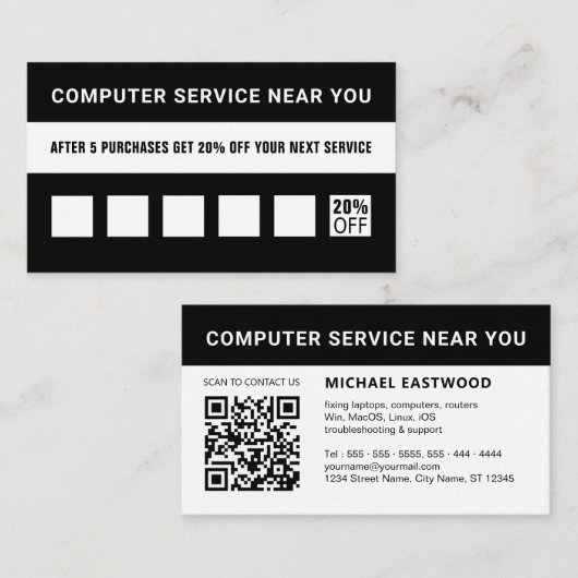 Carte De Fidélité Code QR professionnel simple noir et blanc (Devant / Derrière)