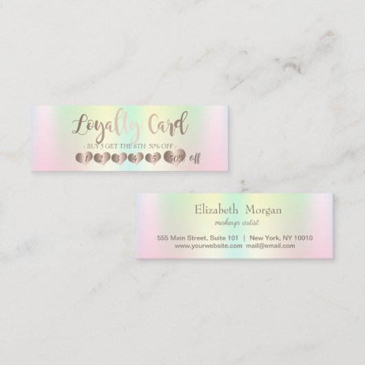 Carte De Fidélité Coeurs d'or Rose élégant, Holographie Iridescente (Devant / Derrière)