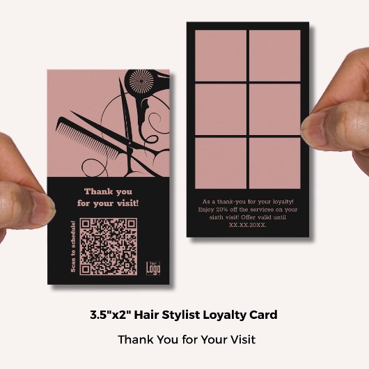 Carte De Fidélité Coiffeur rose & noir Logo & QR - Merci