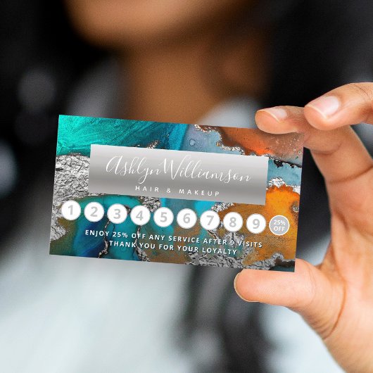 Carte De Fidélité Coiffure salon marbre aquarelle bleu argent