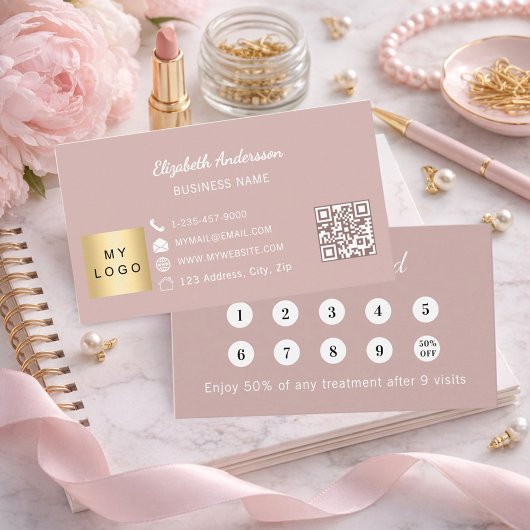 Carte De Fidélité Dusty rose pink qr code business logo