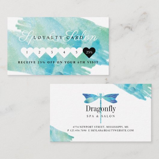 Carte De Fidélité Elégant bleu aquarelle Dragonfly Salon & Spa (Devant / Derrière)
