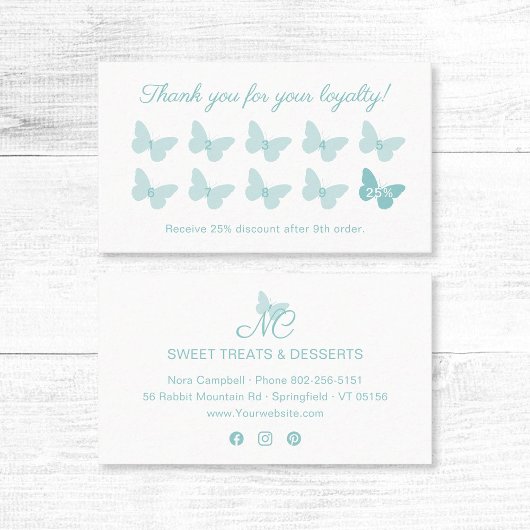 Carte De Fidélité Élégant papillon Monogram mignon Pastel Turquoise