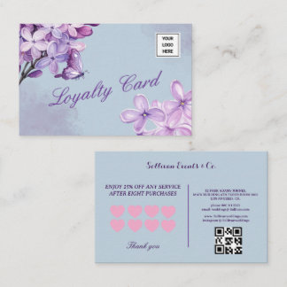 Carte De Fidélité Elegant Purple Watercolor Floral QR Code Logo