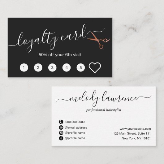 Carte De Fidélité Elégant rose en cuivre ciseaux en or coiffeuse (Devant / Derrière)