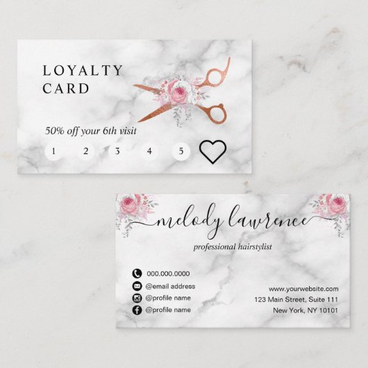 Carte De Fidélité Elégant rose en cuivre ciseaux en or coiffeuse (Devant / Derrière)