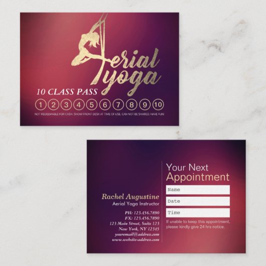 Carte De Fidélité Instructeur aérien YOGA 10 Classe Pass Rendez-vous (Devant / Derrière)