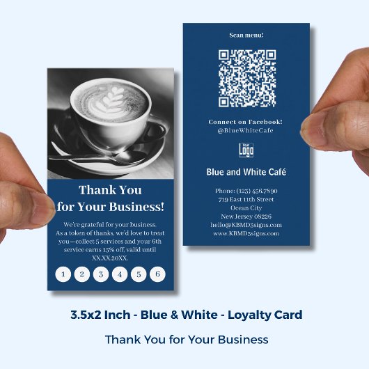 Carte De Fidélité Modern Blue & White Cafe with Logo Thank You Punch