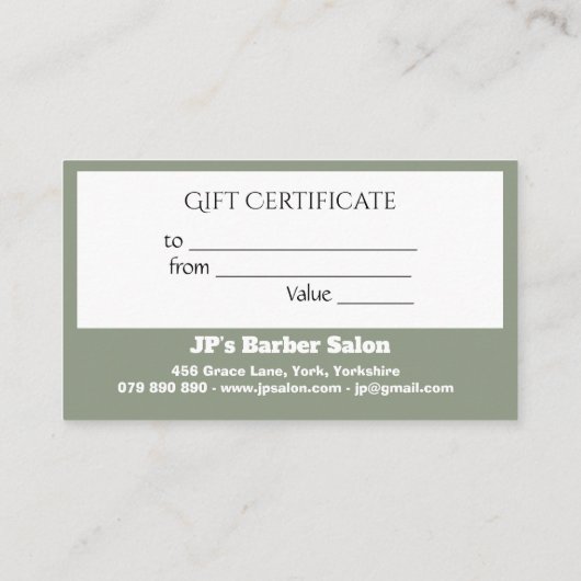 Carte De Fidélité Modern Business Sage Green Custom Gift Certificate (Dos)