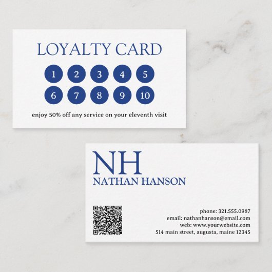 Carte De Fidélité Monogramme bleu simple moderne (Devant / Derrière)