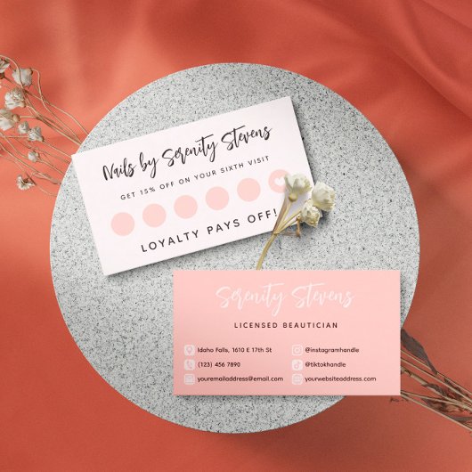 Carte De Fidélité Noir Script Blush Rose Beautician 6 Visites