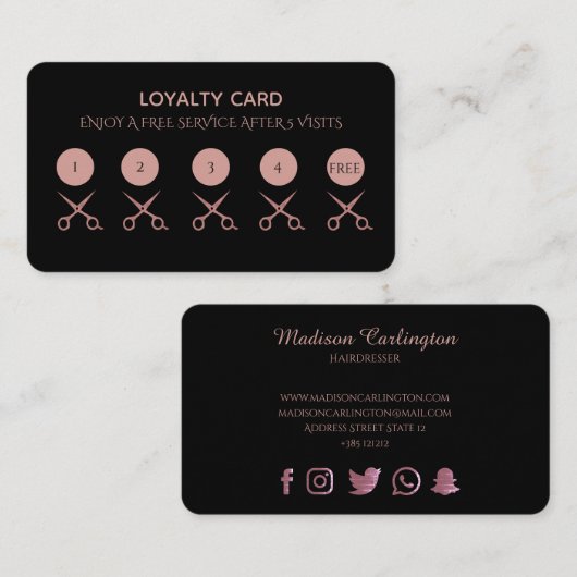 Carte De Fidélité Noir simple avec des ciseaux roses d'or (Devant / Derrière)