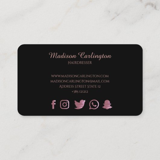 Carte De Fidélité Noir simple avec des ciseaux roses d'or (Dos)