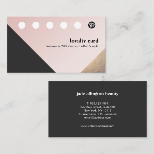 Carte De Fidélité Or moderne, noir, rose géométrique 6 Punch Loyauté (Devant / Derrière)