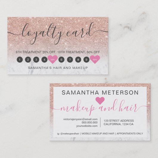 Carte De Fidélité parties scintillant en or rose ombre maquillage de (Devant / Derrière)