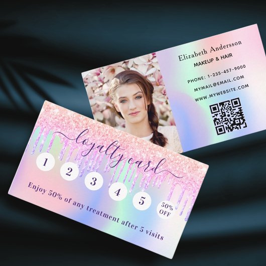 Carte De Fidélité Parties scintillant holographique rose vif qr code