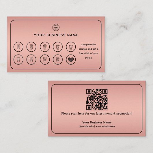 Carte De Fidélité Rose Gold Coffee Cup QR Code Ajouter votre logo (Devant / Derrière)