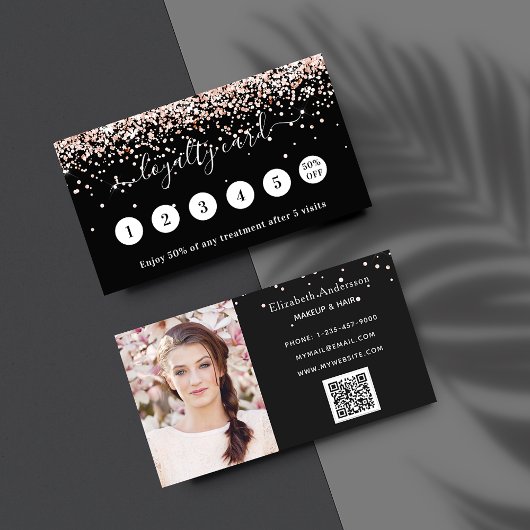 Carte De Fidélité Rose noir parties scintillant or code qr photo