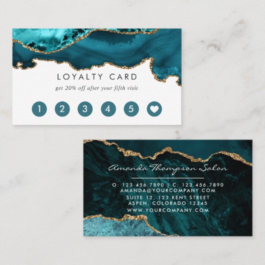 Carte De Fidélité Sarcelle - Agate Turquoise et Or (Devant / Derrière)