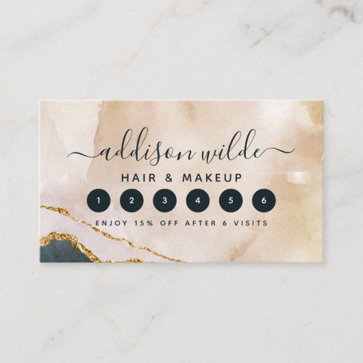 Carte De Fidélité Script Aquarelle rose Noir Marque Or (Devant)