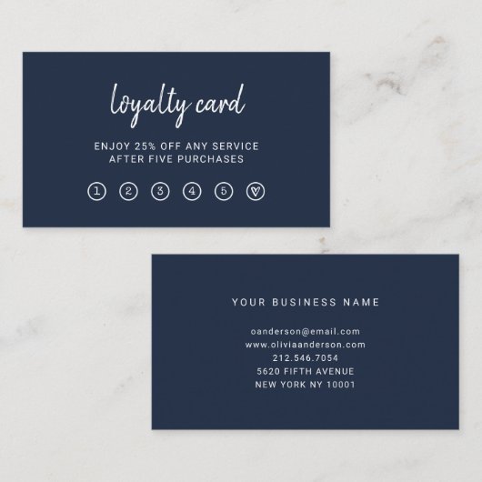 Carte De Fidélité Script moderne| Bleu marin élégant et simple (Devant / Derrière)