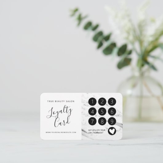 Carte De Fidélité Script moderne en marbre noir blanc (Debout devant)