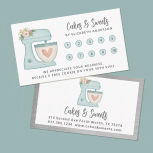 Carte De Fidélité Simple Blue Mixer Floral Cake Bakery Business