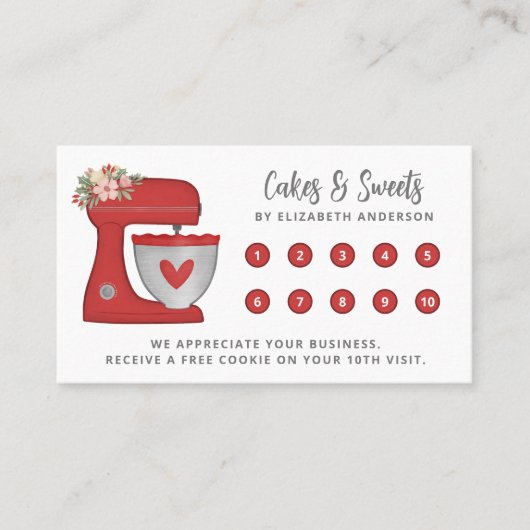 Carte De Fidélité Simple red Mixer Floral Cake Bakery Business (Devant)