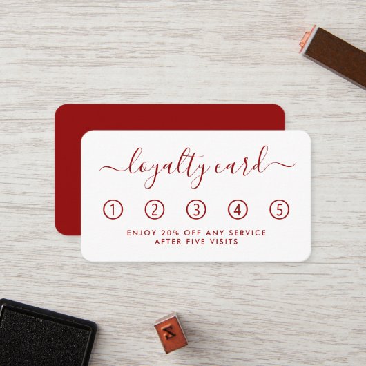 Carte de fidélité simple Script - Rouge et blanc (Devant/Arrière en situation)