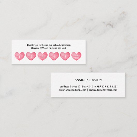 Carte de fidélité simple Watercolor Hearts (Devant / Derrière)