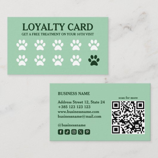 Carte de fidélité verte Code QR pour animaux de co (Devant / Derrière)