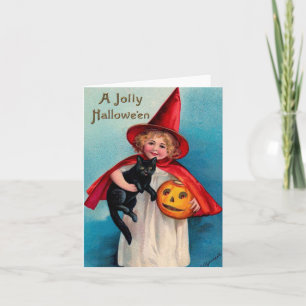 Carte de fille d'Halloween vintage avec chat noir