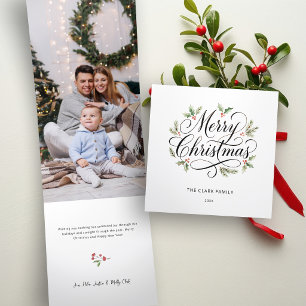 Carte De Fin D'année Trois Volets Aquarelle Joyeux Noël Écriture Botanique   