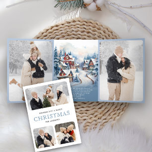 Carte De Fin D'année Trois Volets Aquarelle Village d'hiver Photo Collage Noël