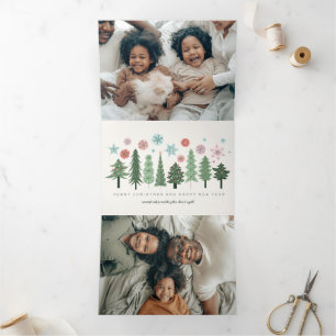 Carte De Fin D'année Trois Volets Arbres de Noël et flocons de neige stylisés
