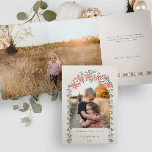 Carte De Fin D'année Trois Volets Arch floral de Noël photo aux tons de sauge chaud